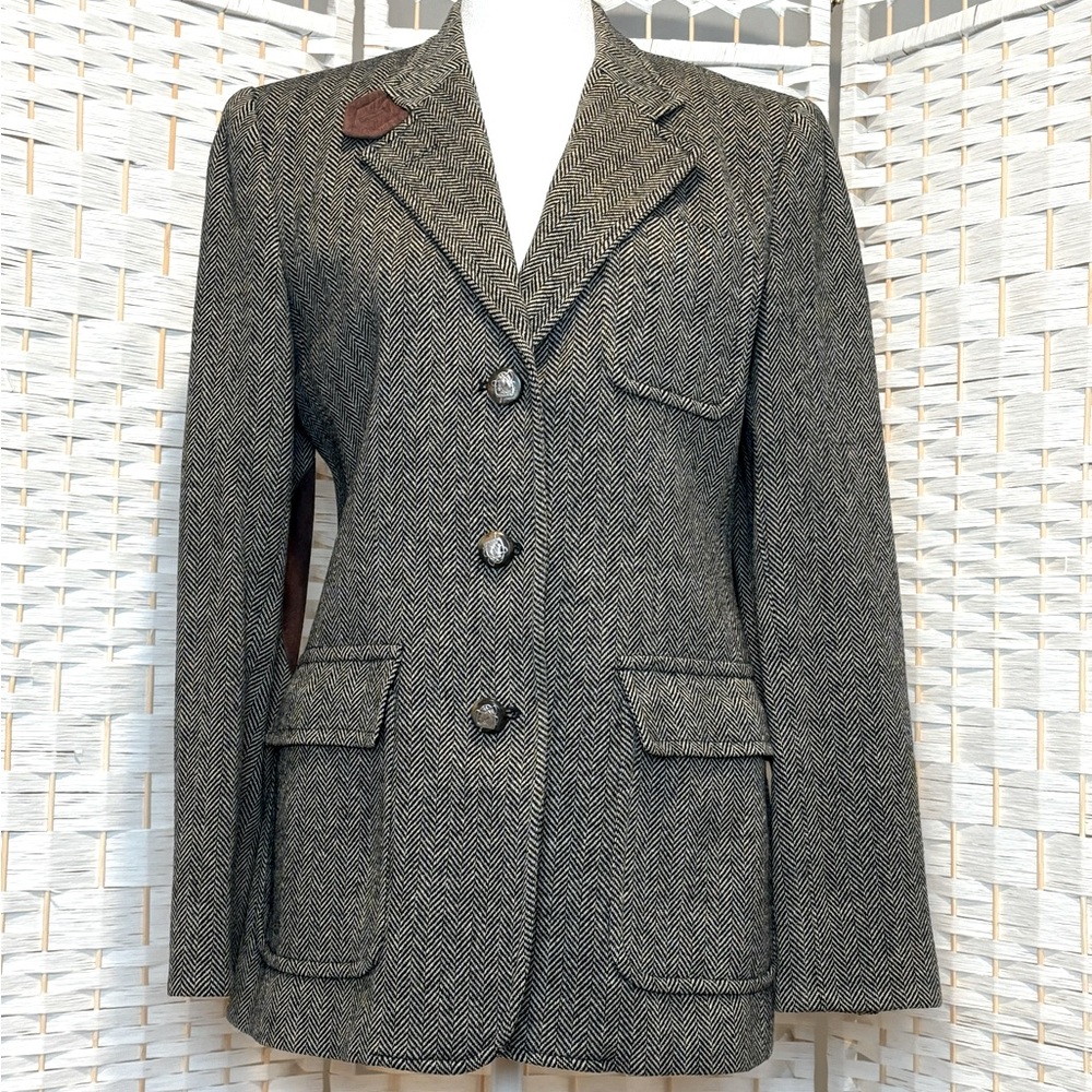Ralph Lauren tweeted riding jacket, suede elbow patches, silver embossed buttons